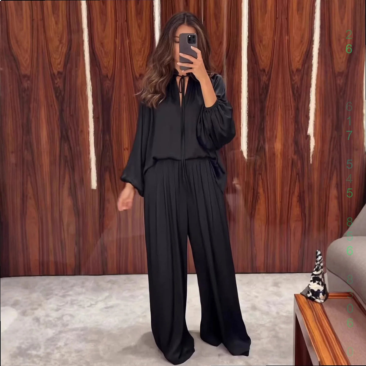 Fashion Women's Matching Set V Neck Tie Front Loose Long Sleeve Tops Pants 2 Piece Outfits Spring Summer