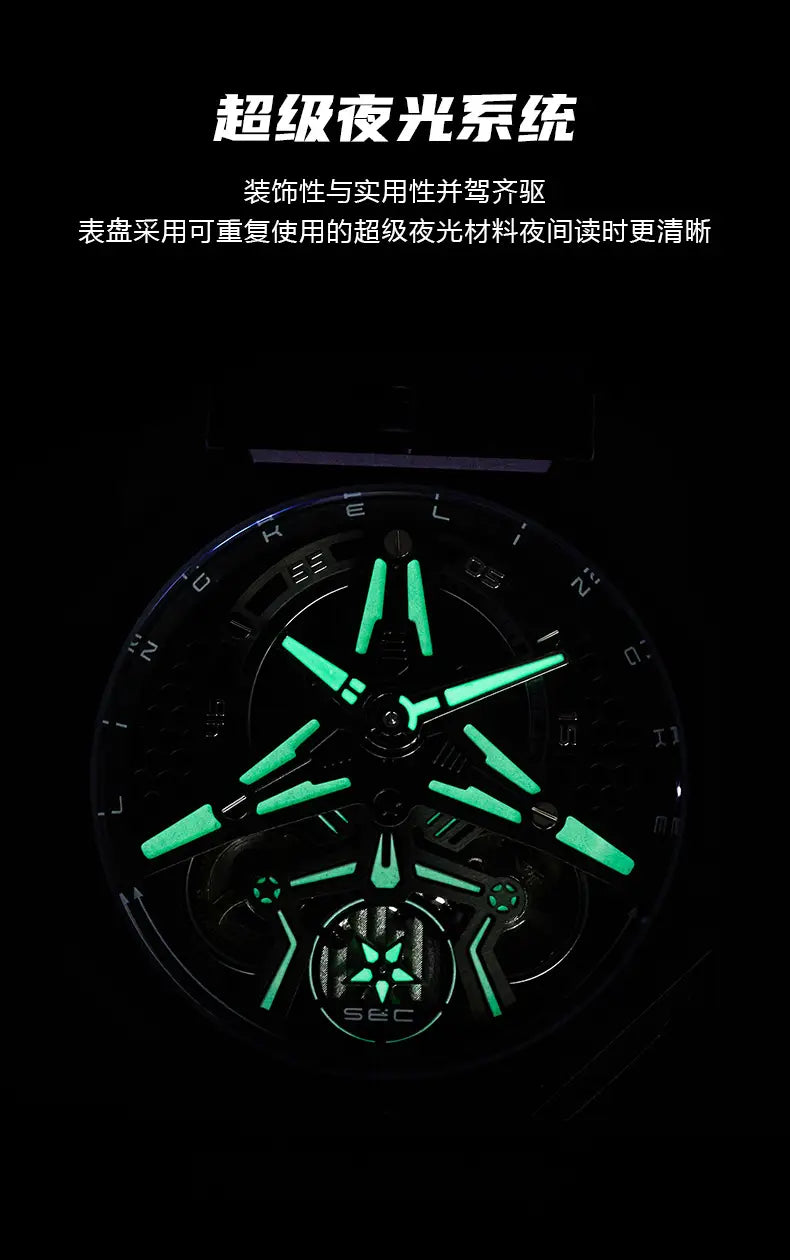 A sleek black automatic skeleton mechanical watch for men with a glowing green super luminescent dial and illuminated hour minute and second hands.