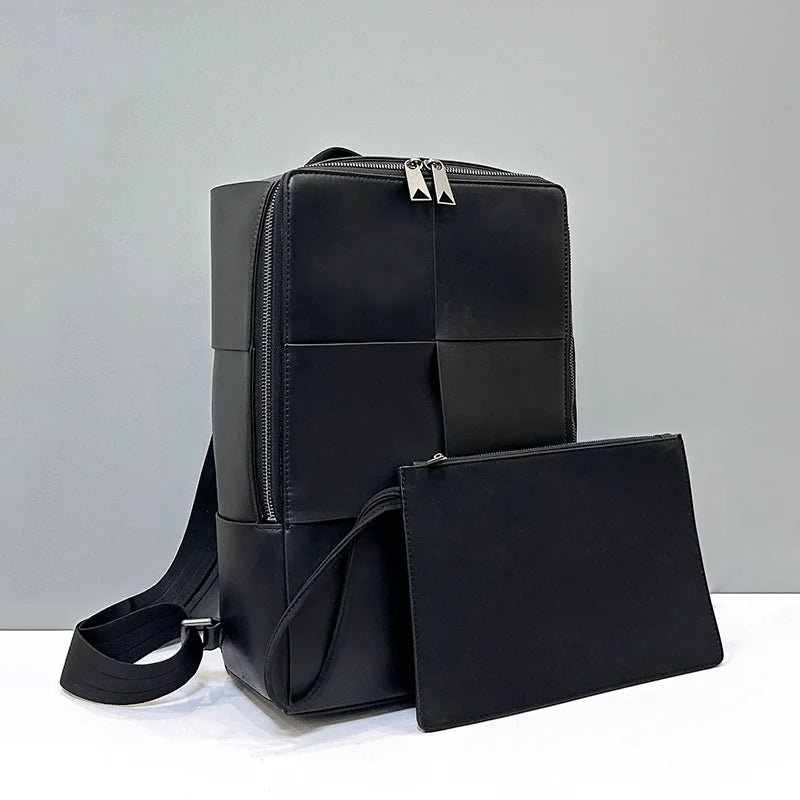 Fashionable Large Capacity Leather Woven Business Casual Travel Backpack Men's Double Shoulder Bag Leisure Pure Color Vertica...