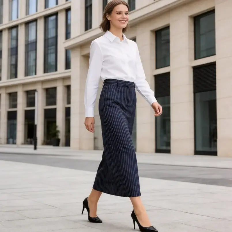 Falda midi plisada azul marino con pinzas, con tiro alto y un diseño formal para uso profesional.