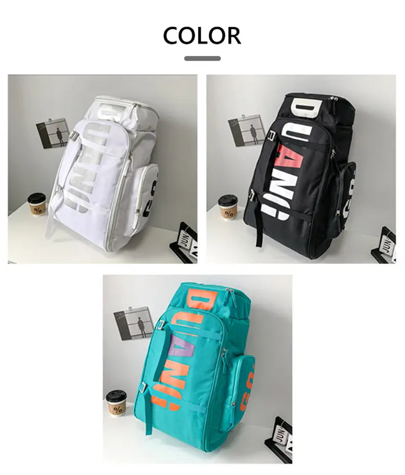Durable sporty waterproof gym backpack and travel duffel bag available in white black with red accents and teal with orange lettering.