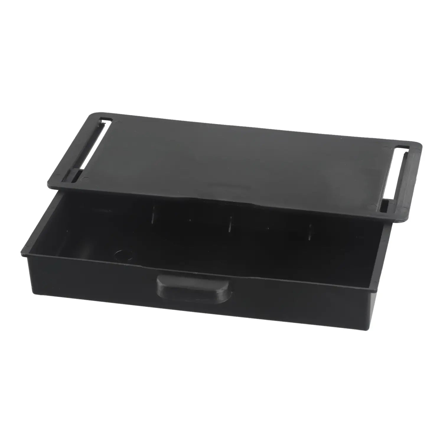 Organisateur de tiroir sous bureau en plastique noir, en ABS, avec couvercle à charnière et poignée intégrée, pour un rangement pratique.