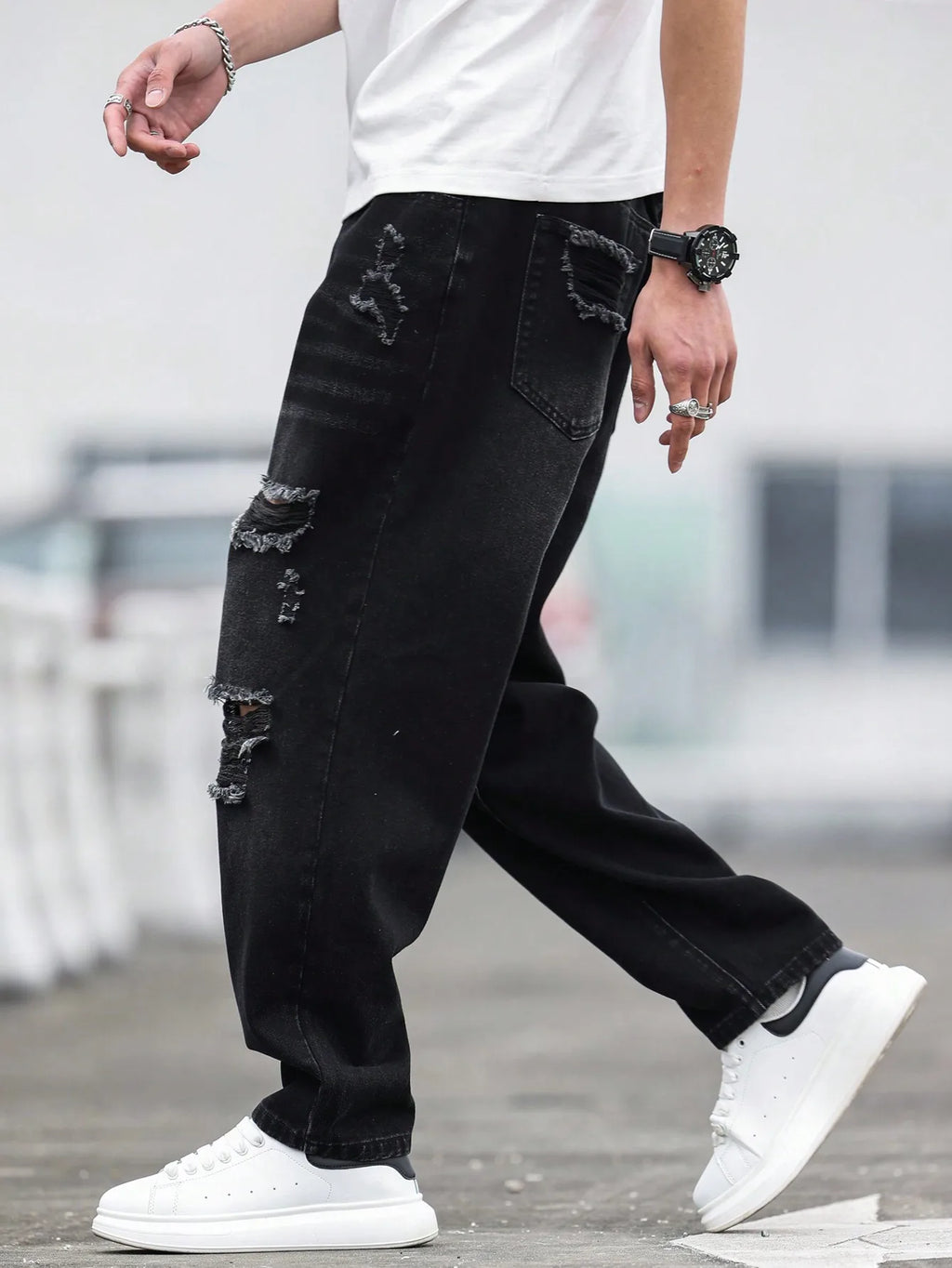 Men's Black Ripped Denim Harem Pants for Spring and Summer, Stylish and Minimalist, a Game - Changer for Lazy Outfits