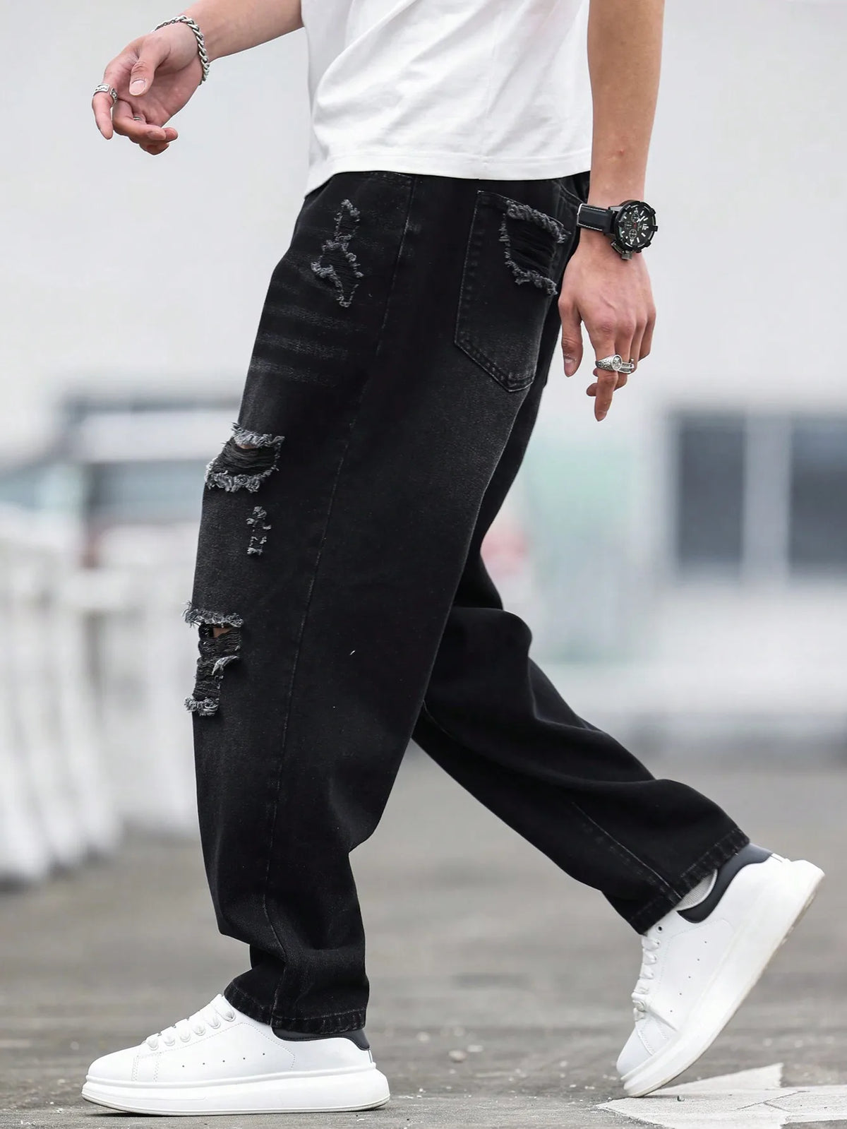 Men's Black Ripped Denim Harem Pants for Spring and Summer, Stylish and Minimalist, a Game - Changer for Lazy Outfits