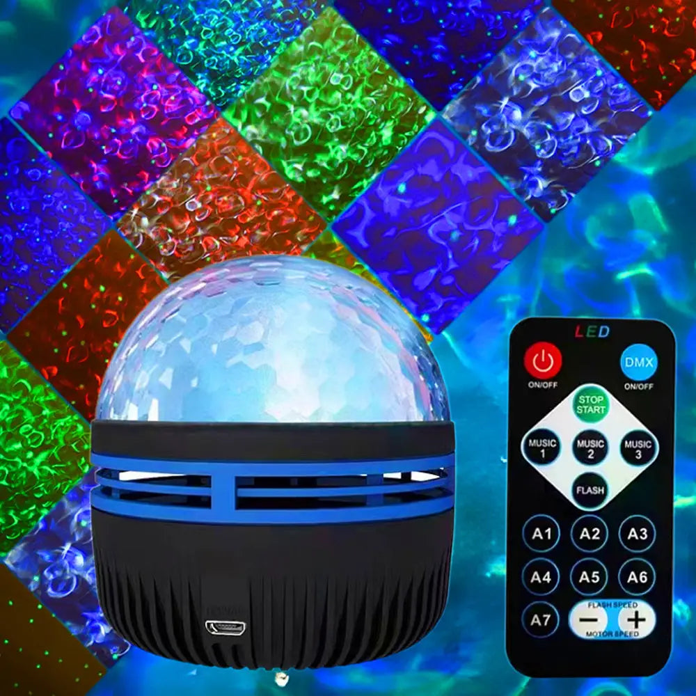 lampe de projection de boule disco à LED bleue et noire avec haut-parleur intégré et télécommande, conçue pour une utilisation en tant que veilleuse