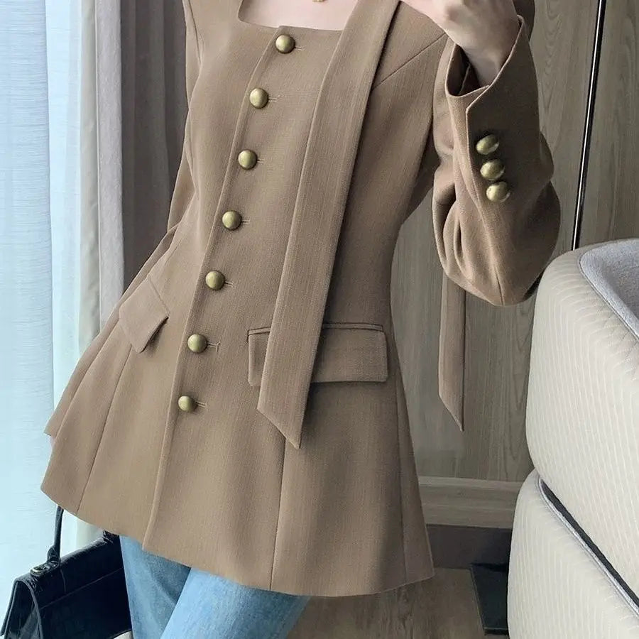 Women's Blazer 2025 Spring and Autumn New Style High-end Elegant Waist-cinching Square Collar Small Blazer