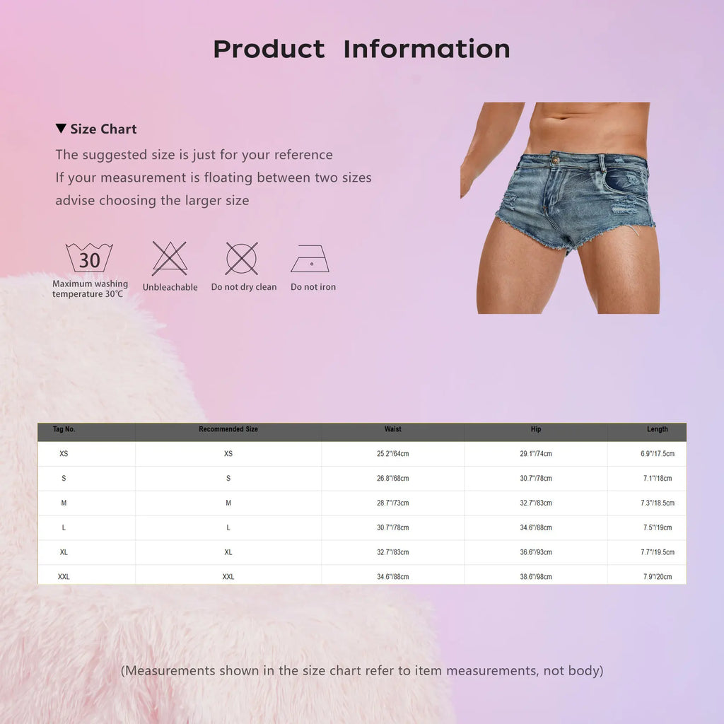 Mens Denim Boxer Shorts Stylish Ripped Bottoms with Pockets Low Rise Raw Trim Distressed Mini Shorts Hot Pants for Rave Party
