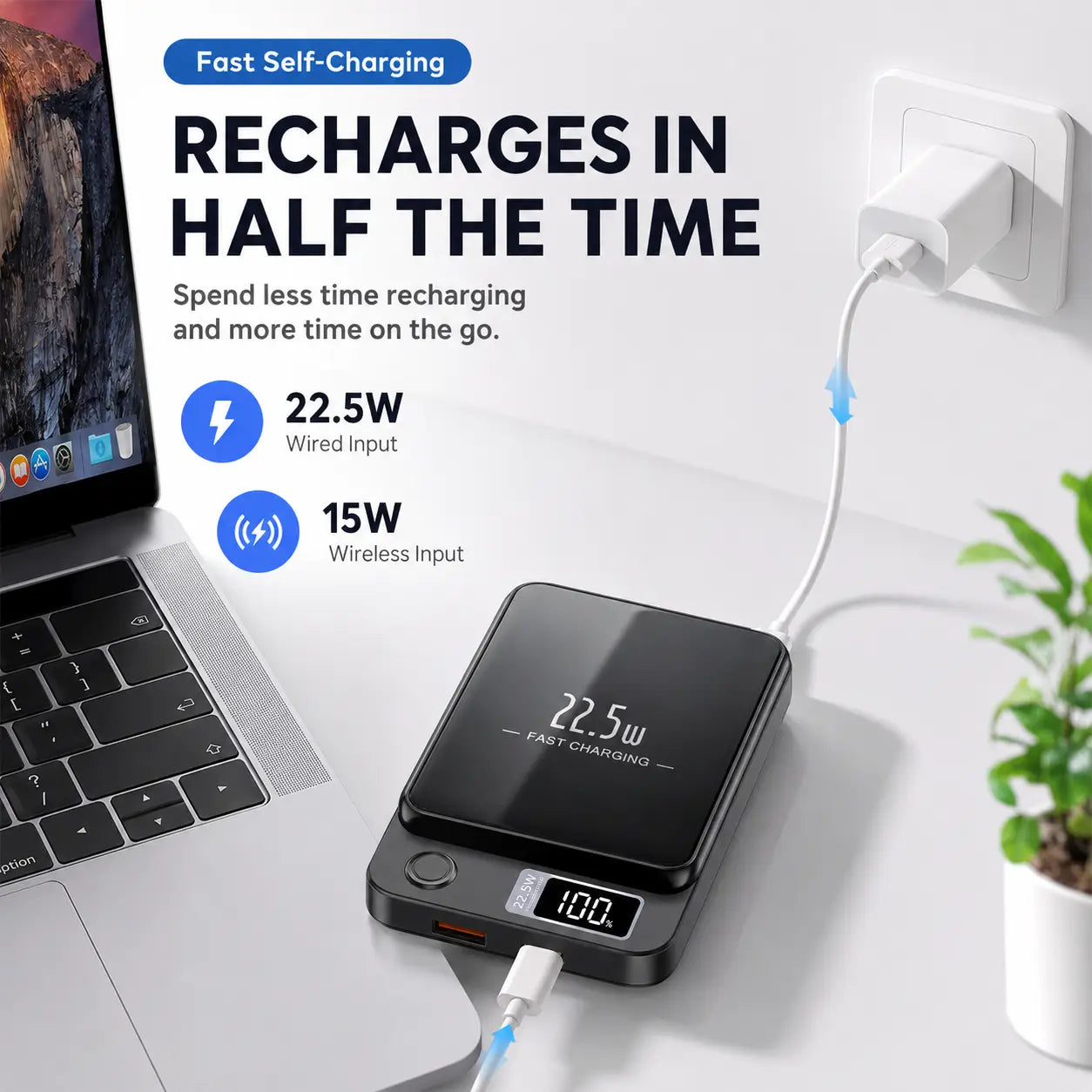 Banco de energía magnético negro rectangular de 20000 mAh con carga rápida y visualización digital que muestra el 100 por ciento de carga, y carga rápida de 22,5 W conectada a cables de carga con cable y sin cable.