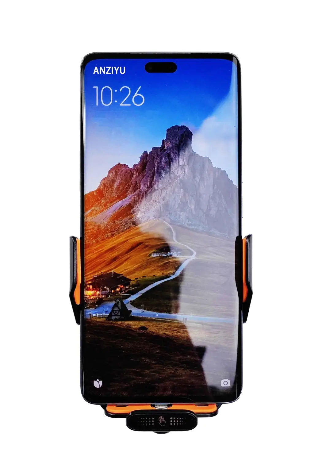 Black and orange wireless charger phone holder with infrared auto clamping securely holding a smartphone displaying 10 26 on the anziyu screen.