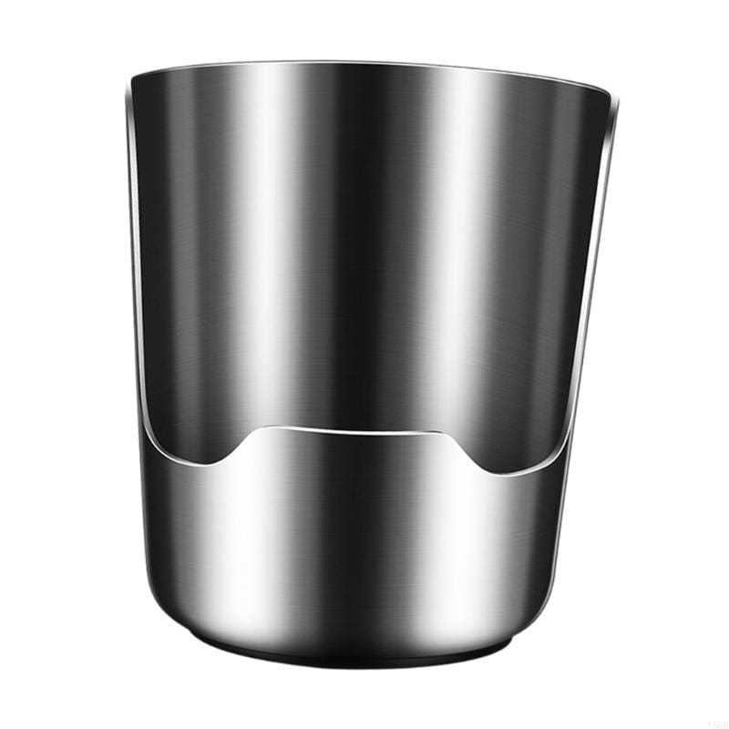 A sleek brushed stainless steel pot lid and spoon holder stand with a modern minimalist design and smooth curved edges.