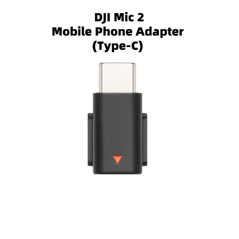 Schwarzer DJI Mic Mini Type-C-Telefonadapter mit Type-C-Anschluss und orangefarbenem Dreiecksanzeige, von der Rückseite dargestellt.
