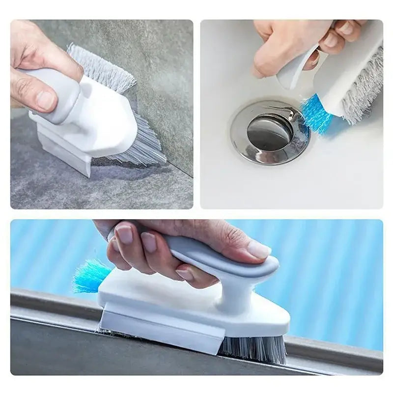 Brosse de nettoyage en forme de V pour carrelage et rainures en plastique blanc, avec des poils gris et bleu vif à double face pour le nettoyage général et ciblé.