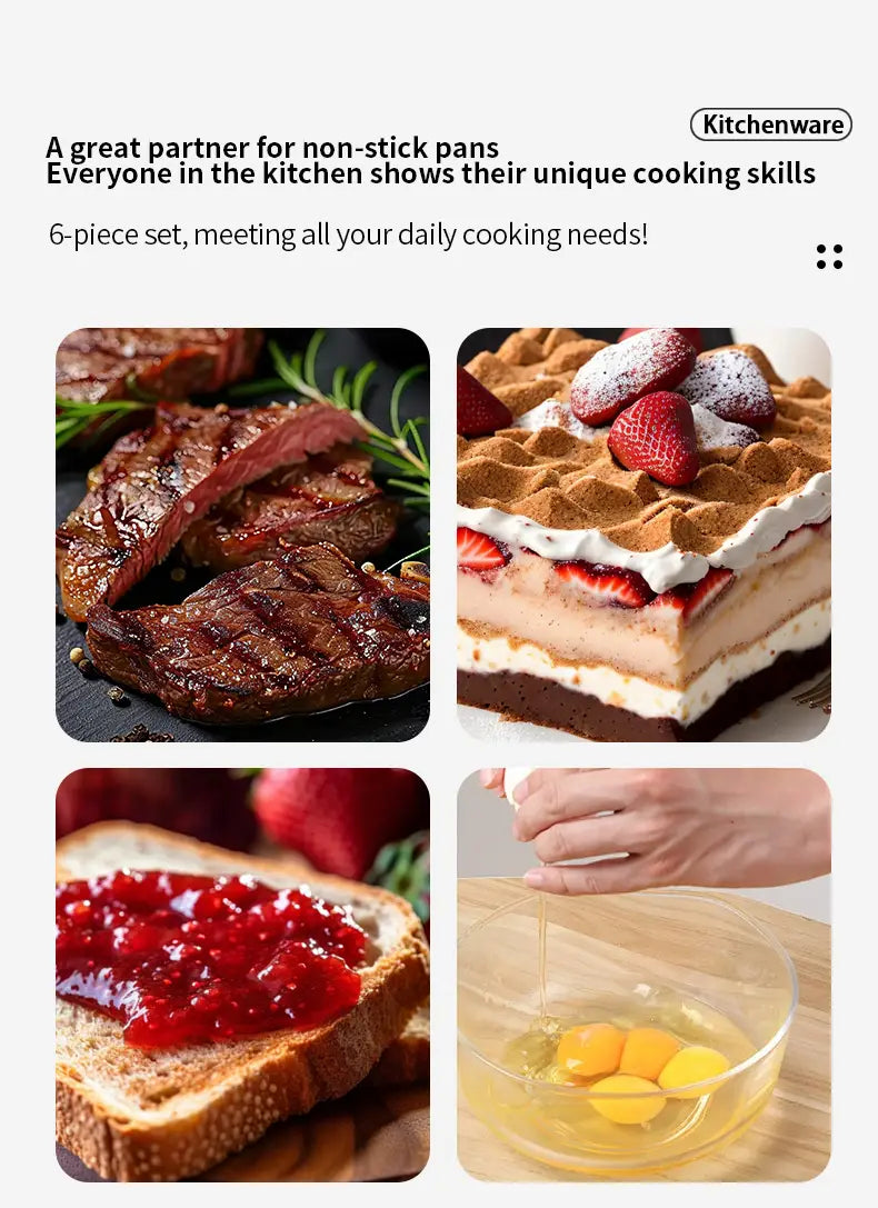 Six-piece black non-stick silicone kitchenware and baking tool set designed for everyday cooking needs.