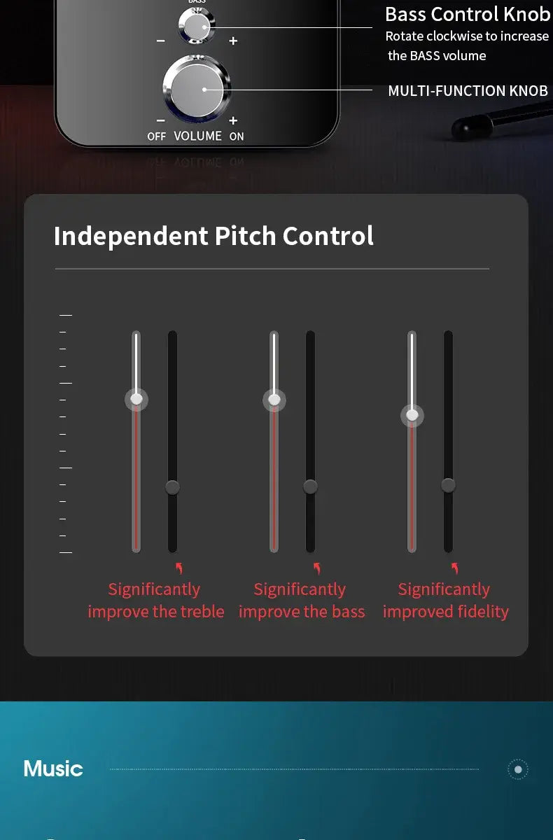 Bouton de commande de basses multifonction noir avec accents argentés et cadran de volume sur un système d’enceinte de jeu Bluetooth avec caisson de basses à DEL