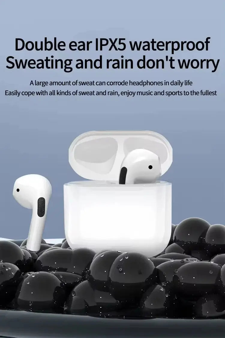 True Buds5 wireless bluetooth earbuds in white with a matching charging case featuring sleek minimalist design and smooth plastic surfaces for hifi stereo sound.