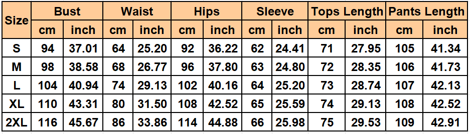 Das Bild zeigt eine detaillierte Größentabelle in Zentimetern und Zoll für einen Damen-Karo-Blazer-Hosen-Set aus Synthetikfaser mit Verschlussoptionen von S bis 2XL.