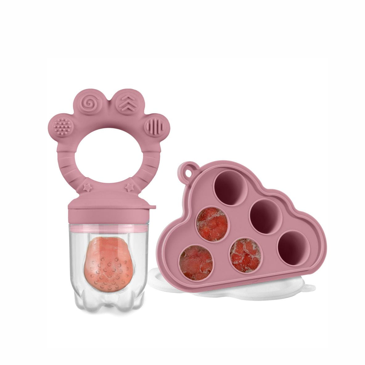 Ein rosafarbenes Silikon-Beißring für Babys mit einem klaren Plastikbehälter, der einen lebensmitteleinsatz in Erdbeerform aus dem Baby-Obst-Fütterer- und Silikon-Eiswürfelbehälter-Set enthält.