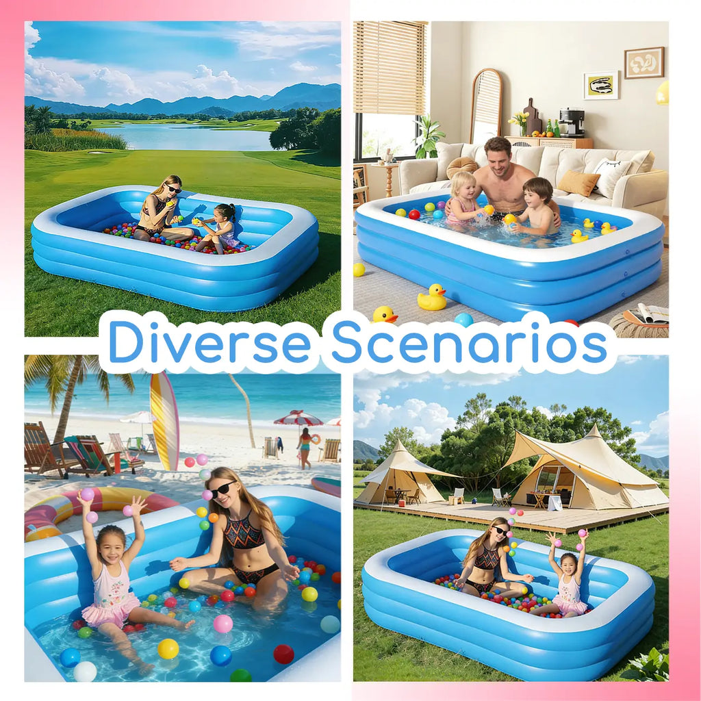 1-Piece Blue Rectangular Inflatable Family Pool, Swimming Pool, Outdoor Recreation, Beach, Party