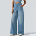 Fashion Women Cross V High Waist Washed Denim Wide Leg Pants Elastic Soft Jeans Casual Daily Loose Full Length Stretch Trousers