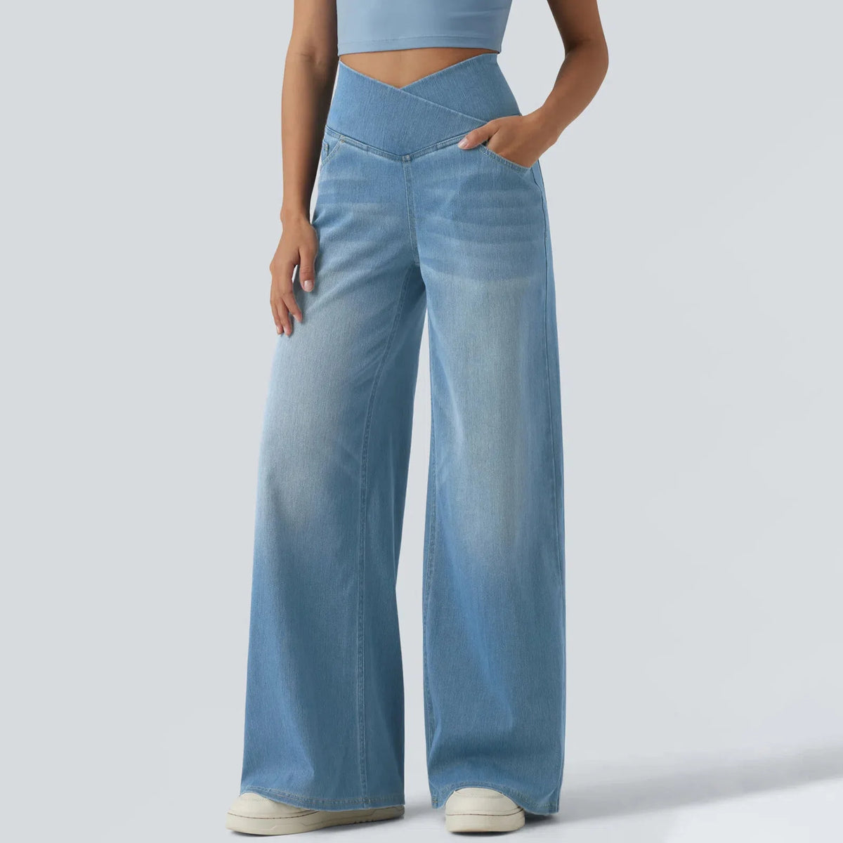Fashion Women Cross V High Waist Washed Denim Wide Leg Pants Elastic Soft Jeans Casual Daily Loose Full Length Stretch Trousers
