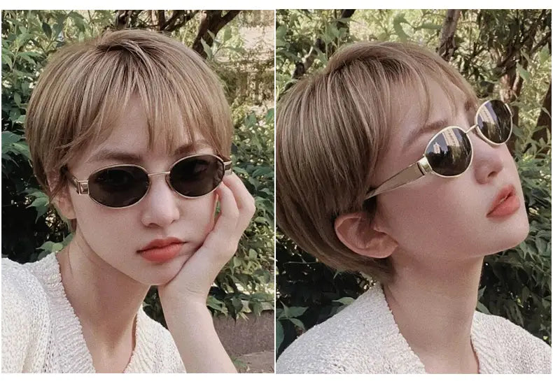 Gafas de sol ovaladas para mujer y hombre con monturas ovaladas con borde dorado y lentes oscuros.