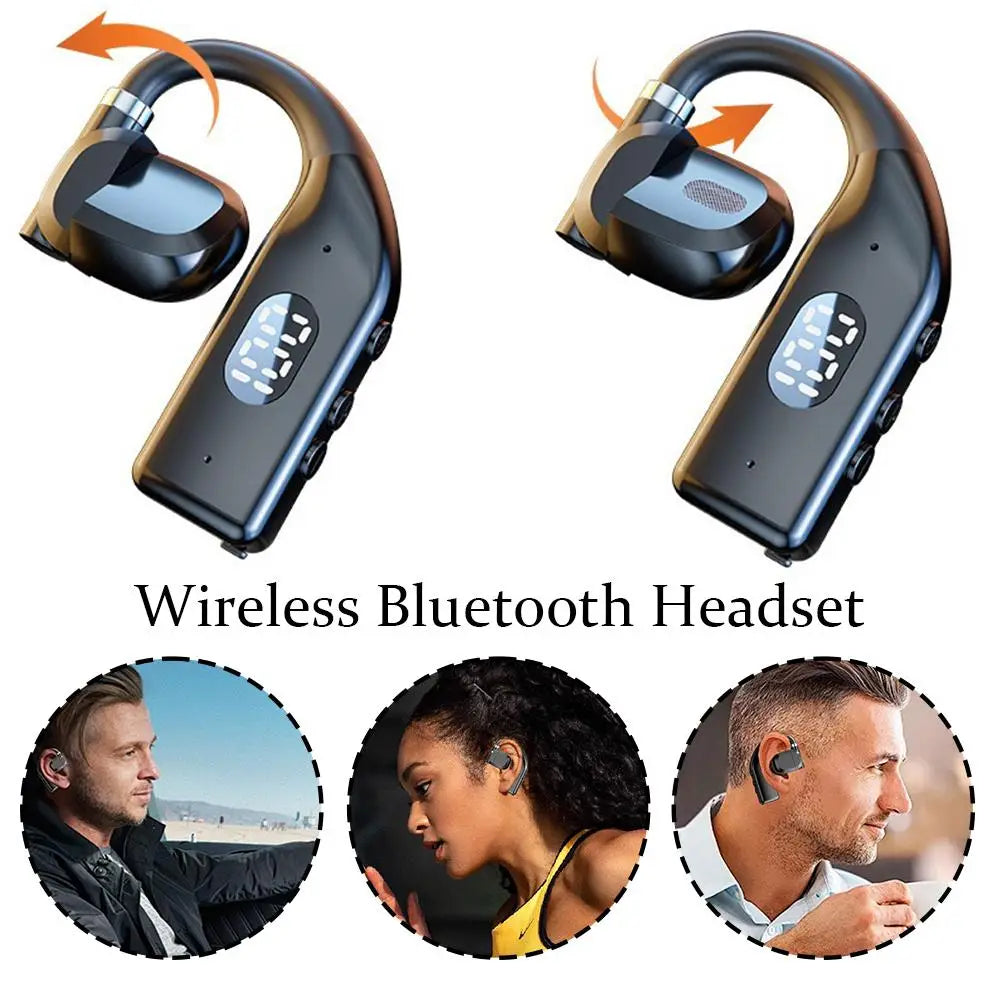 Black bluetooth 5.4 wireless gaming sports earbuds with a sleek curved design and digital display.
