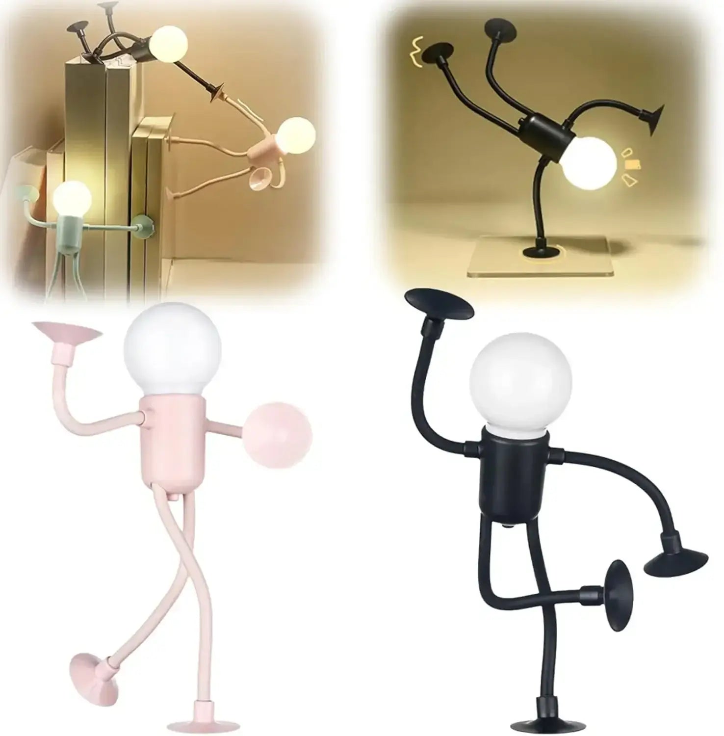 Eine verspielte, gelenkige Nachtlichtlampe mit kugelförmigem Glühbirnenkopf und flexiblen Gelenk-Gliedmaßen in einer Ausführung in Pink und Schwarz, mit veränderbarer Form und lustigem Design, hergestellt in China.