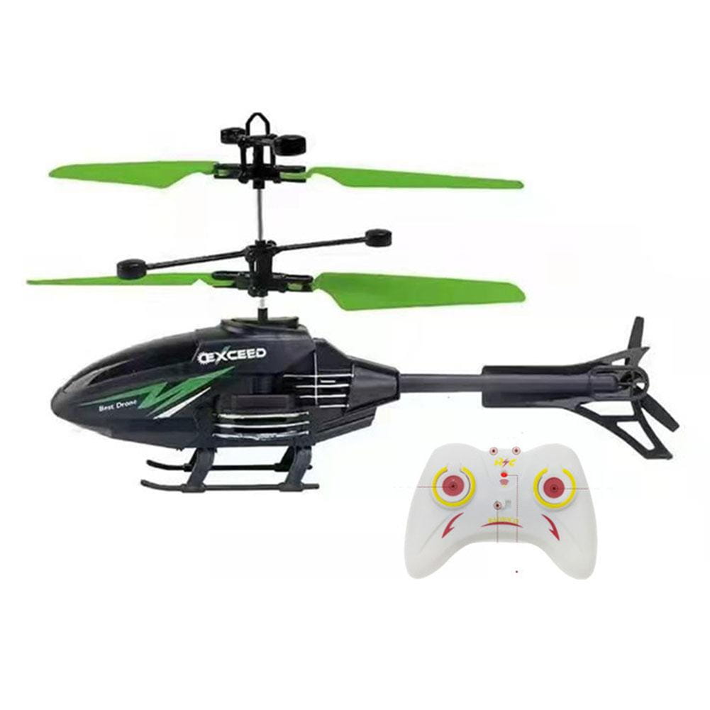 Black and green remote control induction suspension helicopter toy with a white controller featuring red and yellow accents.