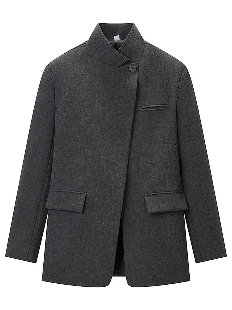 HH Women Casual Asymmetrical Dark Grey Blazer One Button Long Sleeve Jacket Coats 2026 Trend Vintage Solid Office Blazers