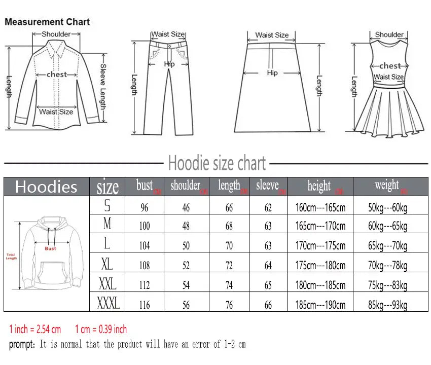 Tableau des tailles de sweat à capuche en molleton pour homme, ensemble décontracté sweat à capuche et jogging, présentant les mesures pour les tailles S à XXXL, incluant la poitrine, la longueur des épaules, la longueur des manches, la hauteur et les spécifications de poids.