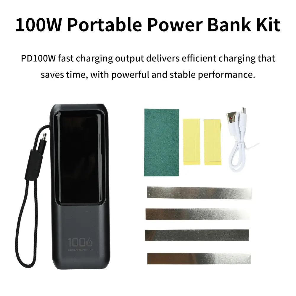 Schwarze 100-W-Portable-Powerbank mit matter Oberfläche und angebautem schwarzem Handgelenkriemen, ausgelegt für schnelles Laden in einem PD-100-W-Schnelllade-Powerbank-DIY-Bausatz.