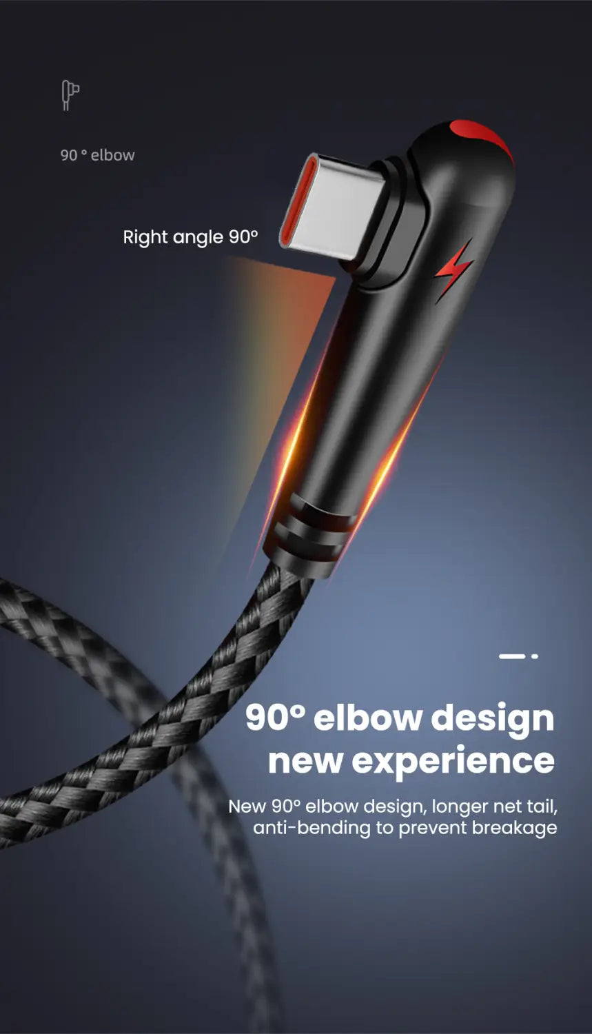 Schwarzes geflochtenes 120-W-Schnelllade-USB-Typ-C-Kabel mit einem 90-Grad-Winkelstecker und einem roten Blitz-Logo.