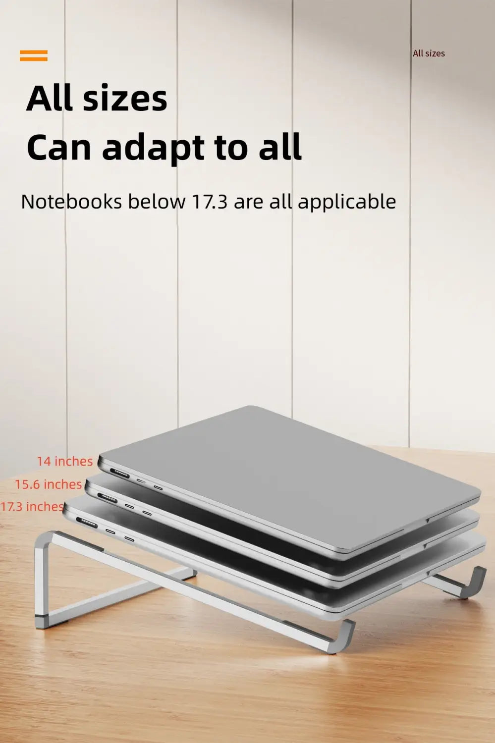 soporte ajustable para portátil de aluminio en plata con acabado metálico, diseño minimalista angular que soporta tres portátiles apilados de tamaños diferentes.