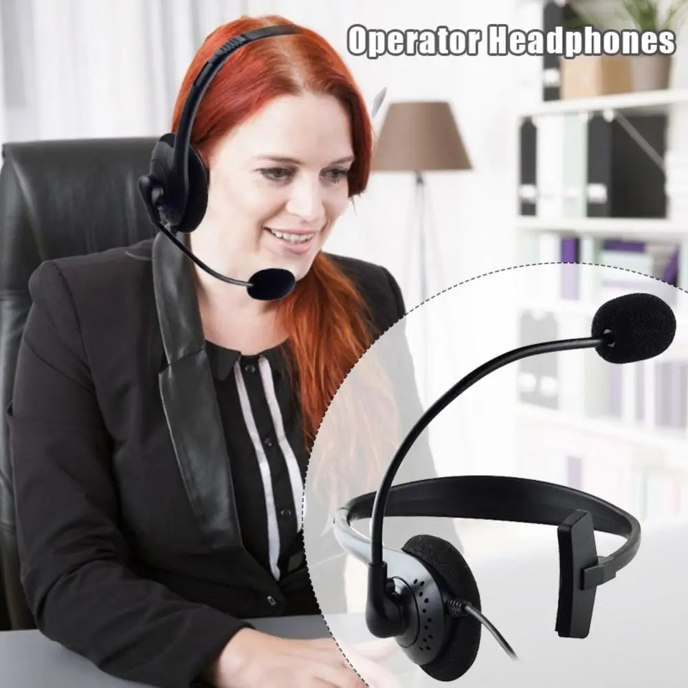 Black usb call center headset with noise canceling mic features padded earcups and flexible microphone arm designed for clear frequency response range.