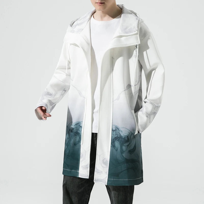 Streetwear Men's Hooded Jacket Long Oversized Trench 2024 Men  Long Trench Casual Printed Men Woman Jacket Coat Fashion Clothes