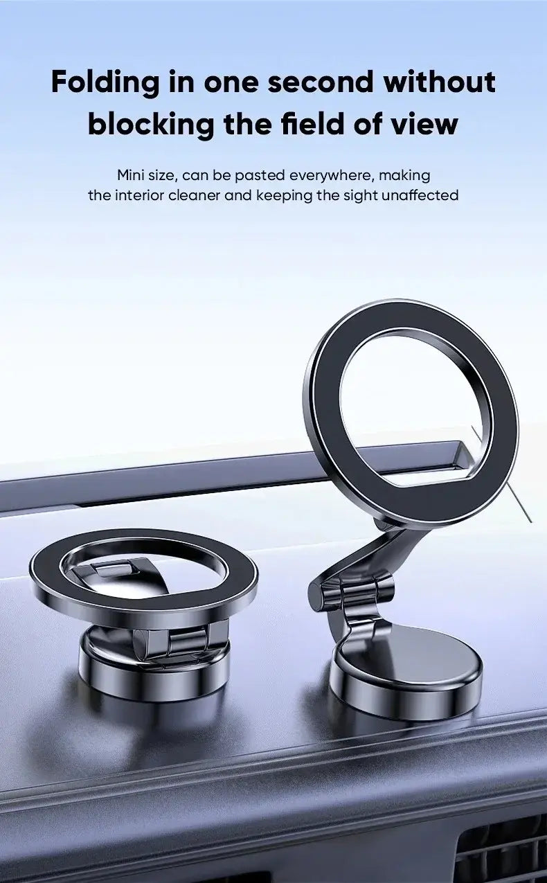 Silver metallic aluminum alloy phone holder with foldable ring-shaped design and magnetic base for car use