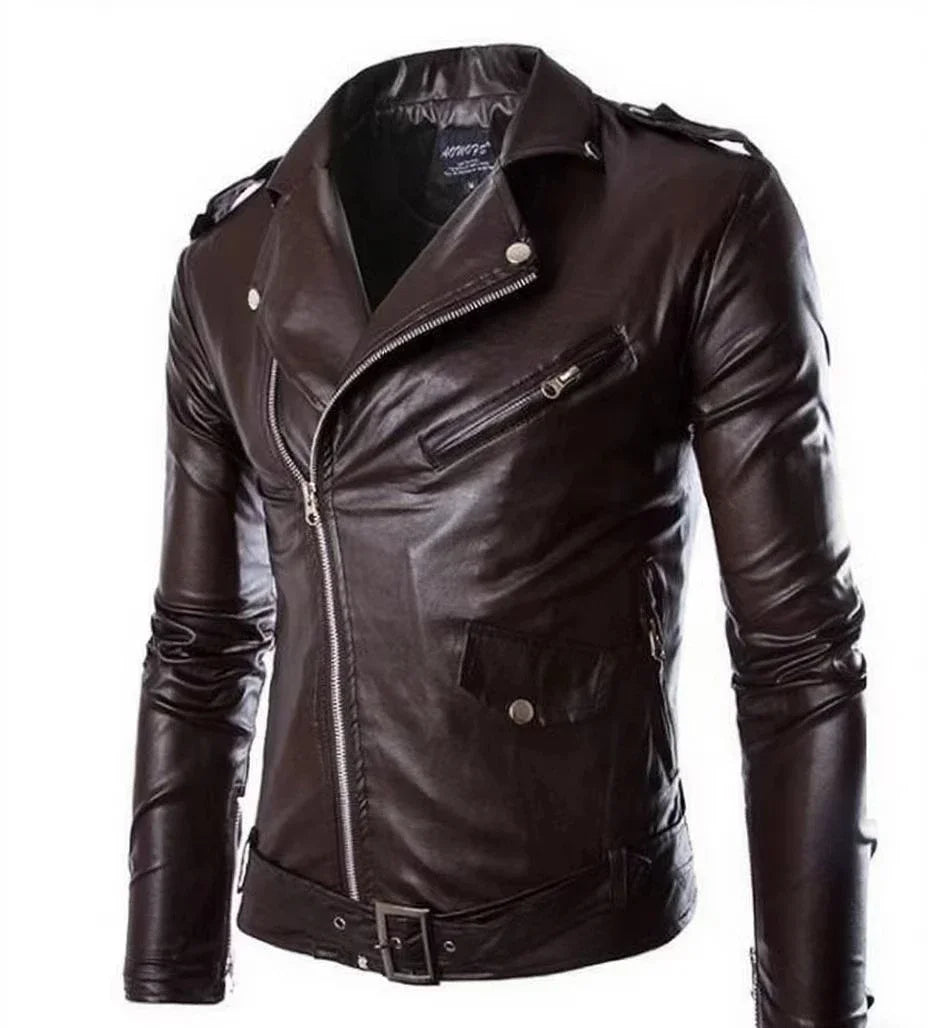 Herren-Leder-Motorrad-Bikerjacke im Vintage-Stil in großen Größen aus schwarzem Leder mit silbernen Reißverschlüssen und Druckknöpfen, die von vorne dargestellt wird.
