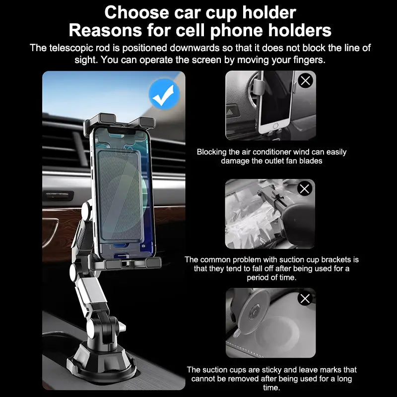 Schwarz-silberner teleskopierbarer Becherhalter für Autohandyständer mit verstellbarem Arm zur sicheren und universellen Smartphone-Montage.