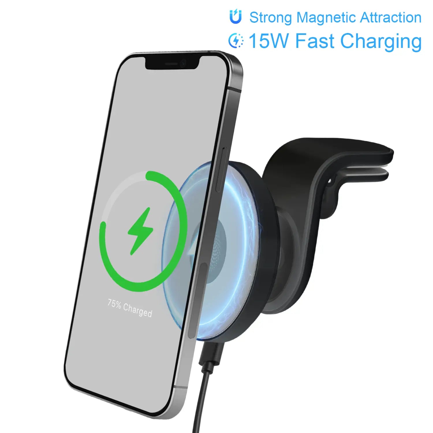 black magnetic wireless car charger with 15w fast charging capability designed as a car wireless phone mount for convenient hands-free use