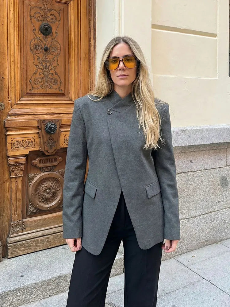HH Women Casual Asymmetrical Dark Grey Blazer One Button Long Sleeve Jacket Coats 2026 Trend Vintage Solid Office Blazers
