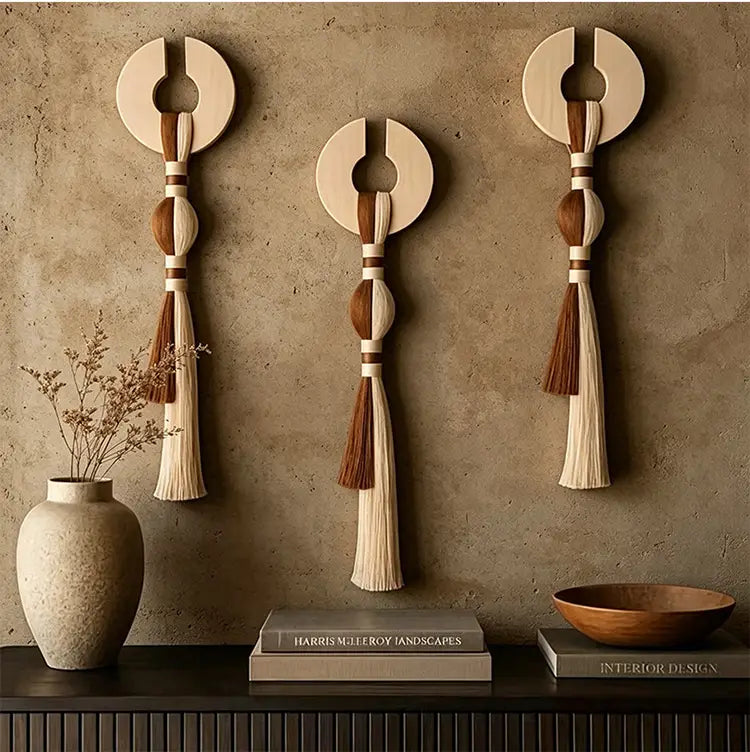 Tres piezas de arte de colgante mural minimalista con borlas tejidas de madera beige y marrón, que presentan tapas circulares con orificios centrales, cuentas esféricas superpuestas y borlas largas.