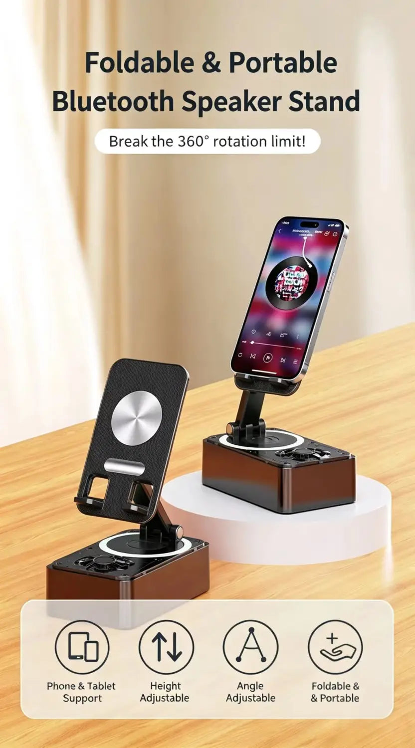 Black and silver foldable bluetooth speaker stand with adjustable height and angle for phone or tablet support shown from the back side in magnetic phone stand with bluetooth speaker and power bank product.