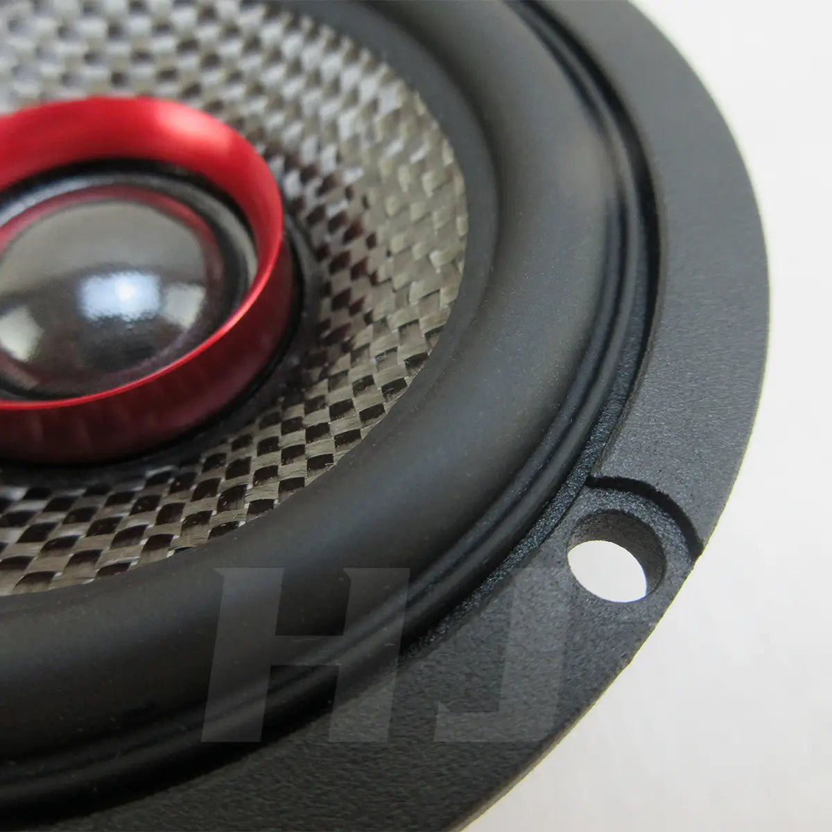 Black and red 3.5 inch car coaxial speaker 200w qp353f with mesh grille glossy cone and textured surround.