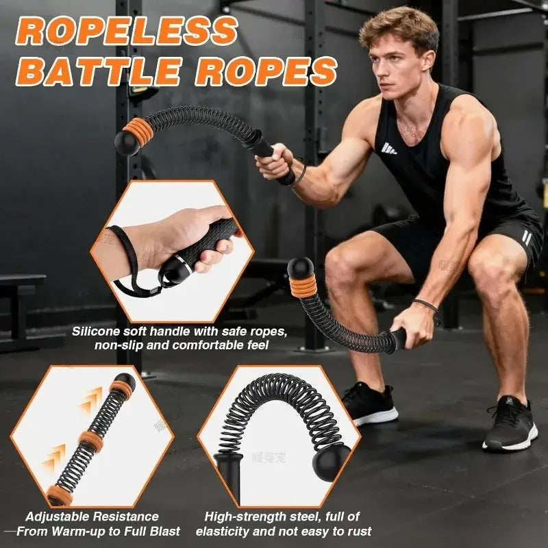 Black ropeless battle ropes with orange accents and silicone handles designed as adjustable fitness training equipment.