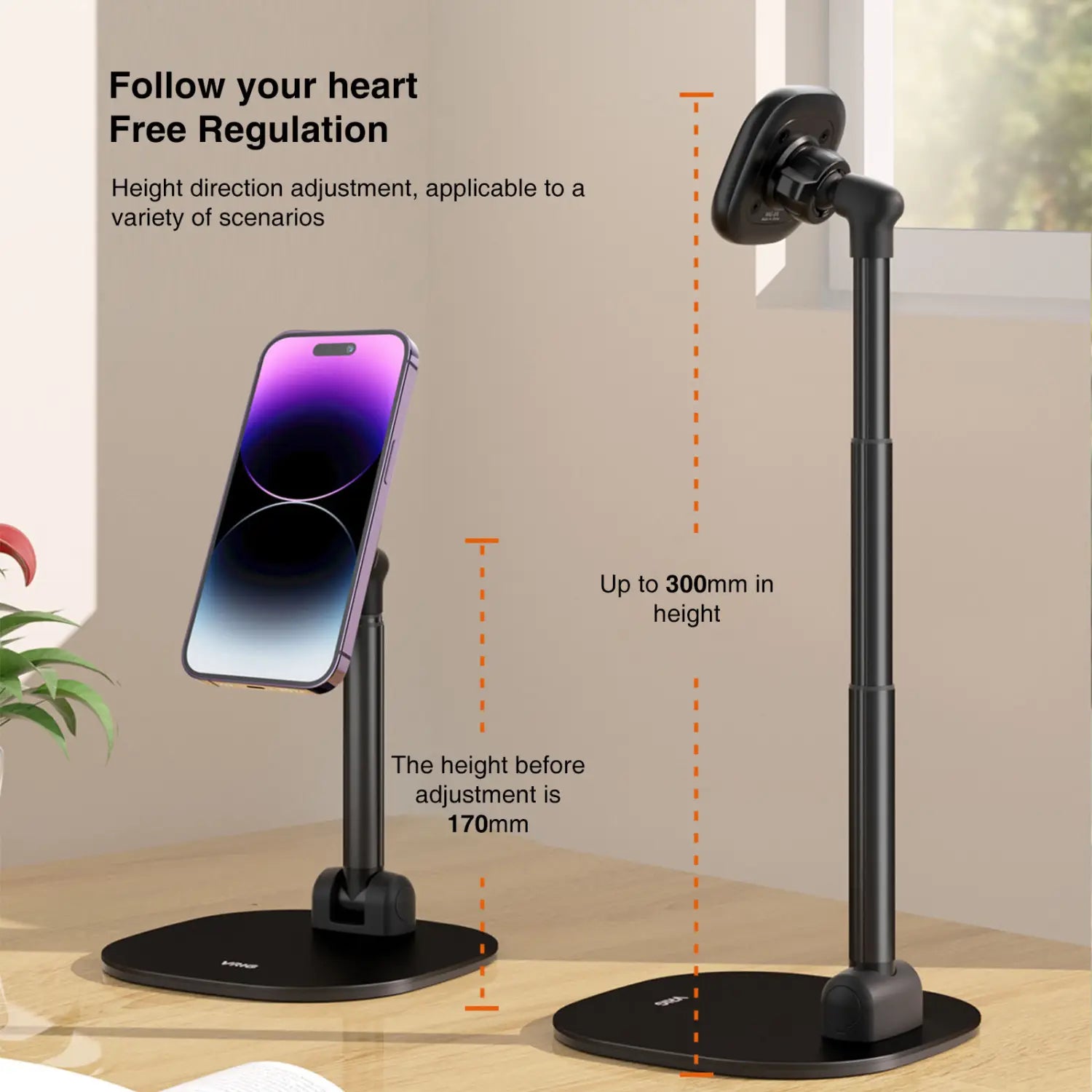 Schwarze verstellbare Desktop-Magnethalterung für das Smartphone mit schlankem, minimalistischen Design und Höhenregulierung bis 300 mm für kabelloses Laden.