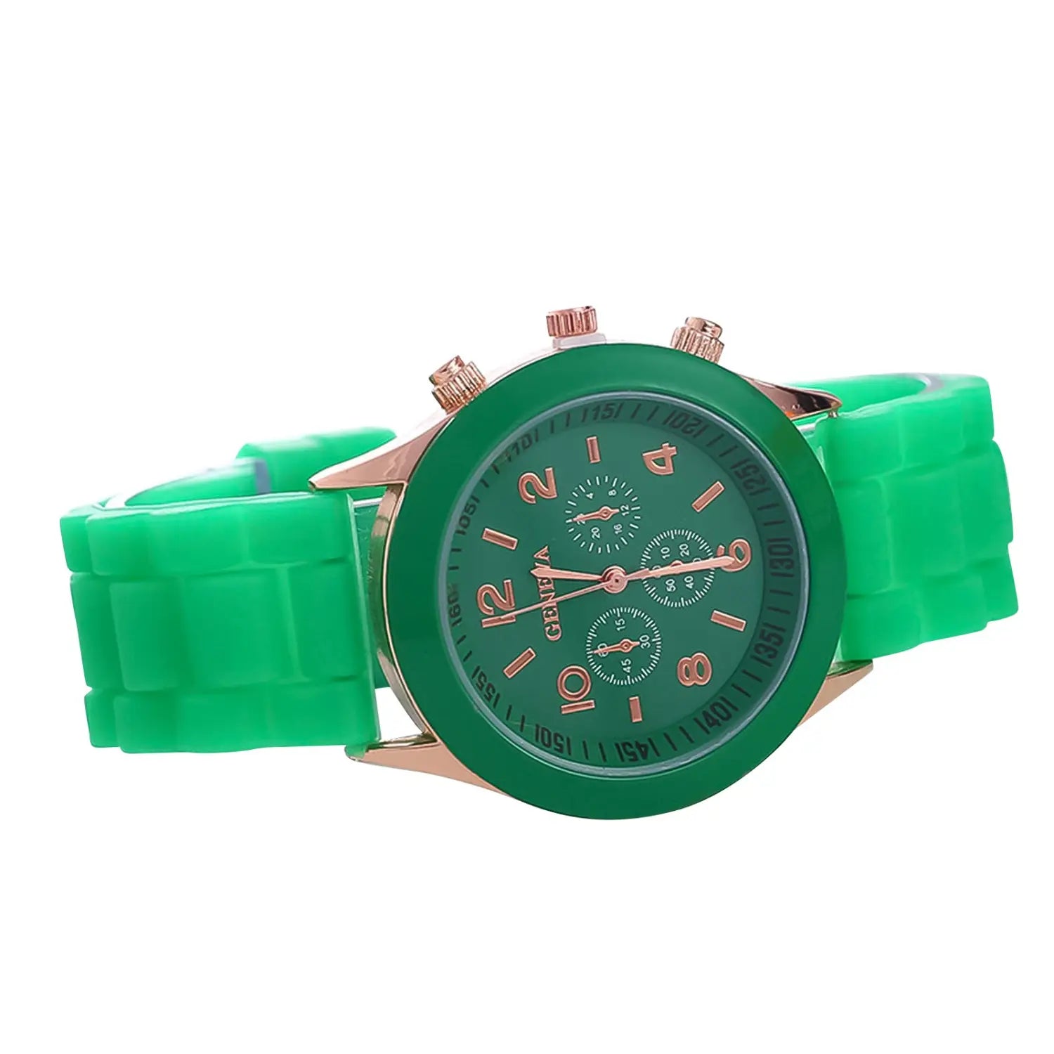 Women silicone quartz chronograph watch featuring a green silicone strap with a rose gold-tone case and subdials.