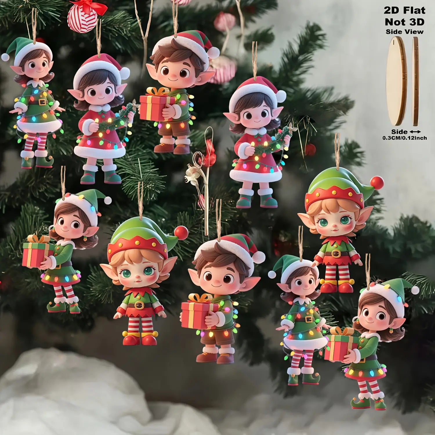 Adornos de árbol de Navidad de duende de madera, pack de 10, con adorables duendes estilo caricatura en rojo, verde y dorado, con calcetines a rayas y sombreros festivos.