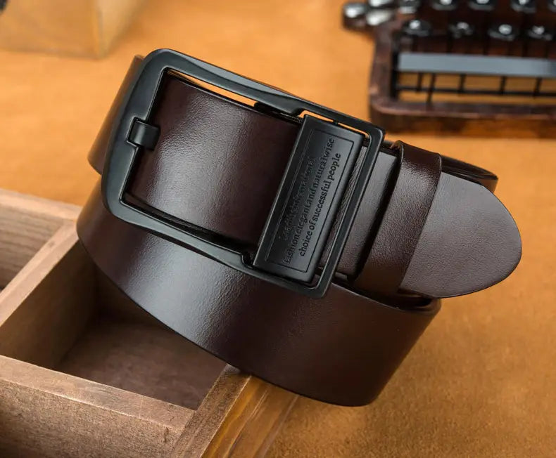 Dark brown leather men leather belt with matte black plastic buckle featuring engraved text for casual jeans.