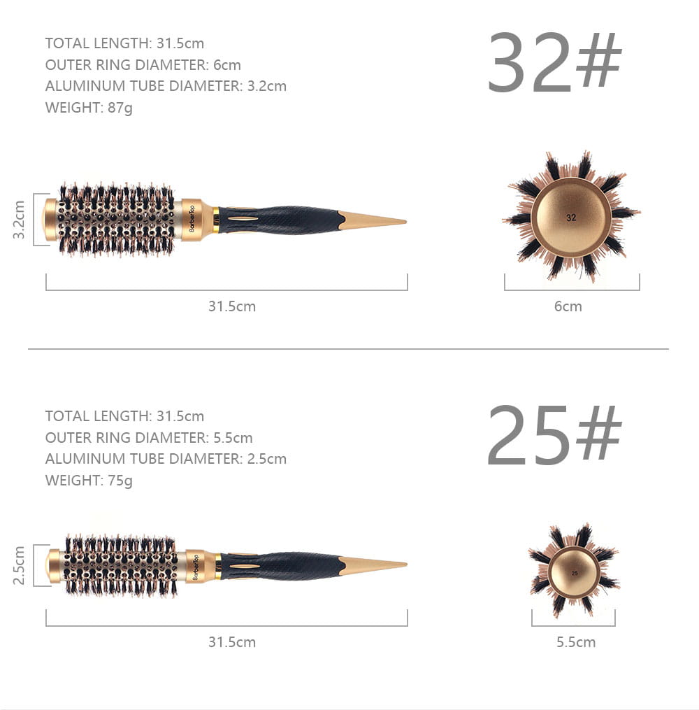 Aluminum round hair styling brush with gold and black curling bristles and a sleek tapered handle.