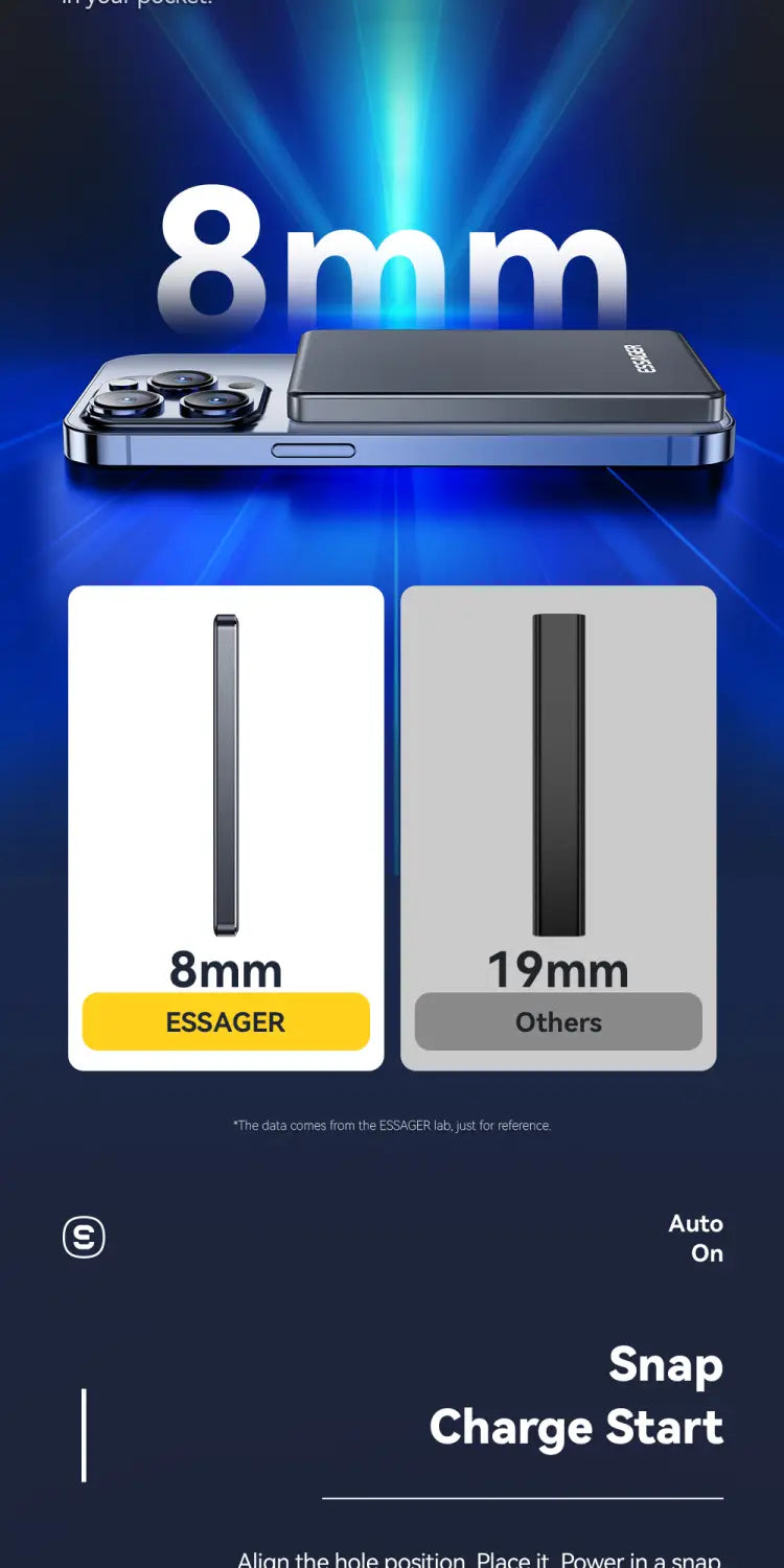 a sleek slim 8mm wireless power bank magsafe 20w 5000mah phone case in dark metallic finish with precise cutouts for the back camera module